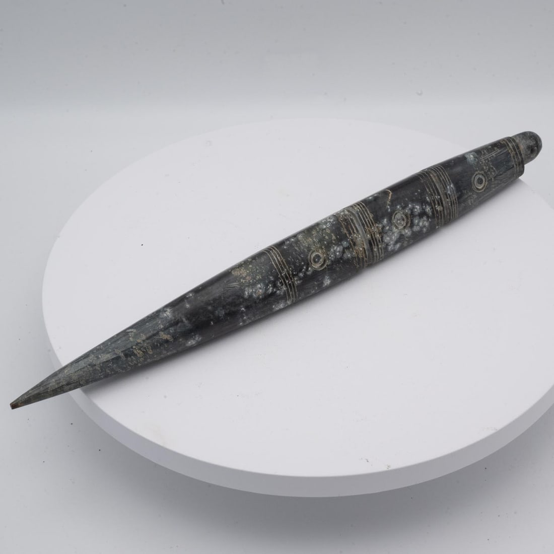 Old Chinese Carved Stone Ritualistic Item: Medium: Stone Size: 10.3x1.2x1.2 inches Age/Detail: Old Chinese Carved Condition: great overall, check photo for condition reference. Provenance: Collection from Estate in Tribecca Please view all the