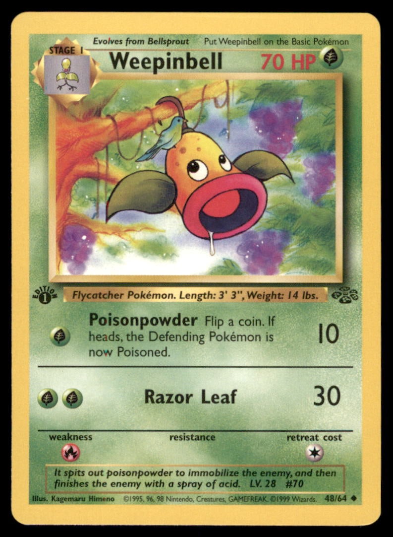 Weepinbell 1st Ed. Jungle Vintage Pokemon Card: We offer combined shipping on multiple items. Buyers may also arrange their own shipping. LiveShipping is a separate and independent option for shipping that is NOT a part of the auction house or thei