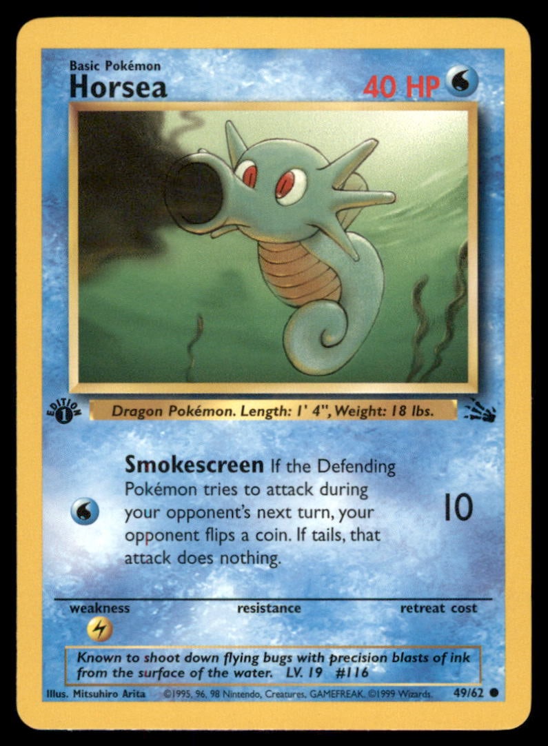 Horsea 1st Ed. Fossil Vintage Pokemon Card: We offer combined shipping on multiple items. Buyers may also arrange their own shipping. LiveShipping is a separate and independent option for shipping that is NOT a part of the auction house or thei