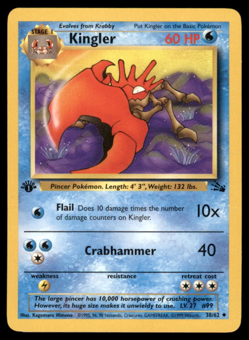 Kingler 1st Ed. Fossil Vintage Pokemon Card: We offer combined shipping on multiple items. Buyers may also arrange their own shipping. LiveShipping is a separate and independent option for shipping that is NOT a part of the auction house or thei