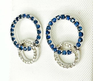 Pair of Natural Diamond and Sapphire Earrings, 14KT White Gold # 2271