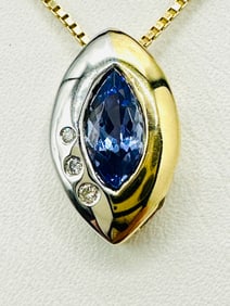 Natural Diamond and Tanzanite Pendant with Chain, 14KT Yellow Gold # 2285