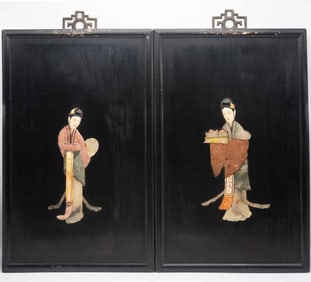 A Pair Of Antique Chinese Inlaid Stone Wood Panel Of Two Female Servants