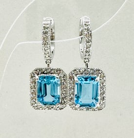 Pair of Natural Diamond and Blue Topaz Huggies Earrings, 14KT White Gold # 2334