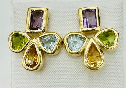 Pair of multi Gemstone Earrings, 14KT Yellow Gold # 2336
