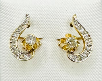 Pair of Natural Diamond Earrings, 14KT Yellow Gold # 2337