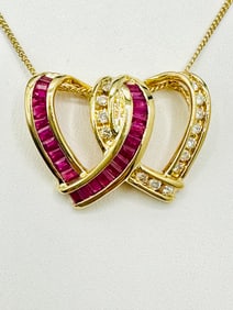Natural Diamond and Ruby Double Heart Slide Pendant with Chain, 14KT Yellow Gold # 2339