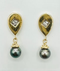 Pair of Natural Diamond and Pearl Earrings, 14KT Yellow Gold # 2365