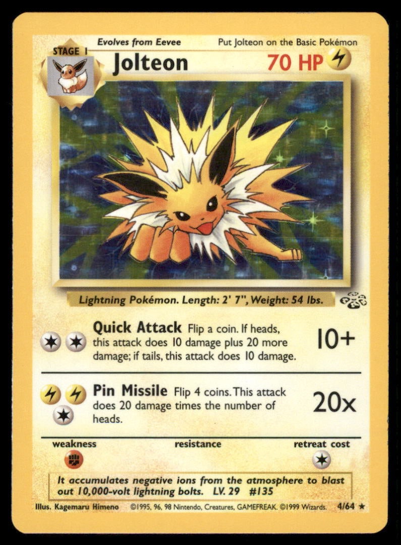 Jolteon (4) Jungle #04/64 Holo Pokemon Card: We offer combined shipping on multiple items. Buyers may also arrange their own shipping. LiveShipping is a separate and independent option for shipping that is NOT a part of the auction house or thei