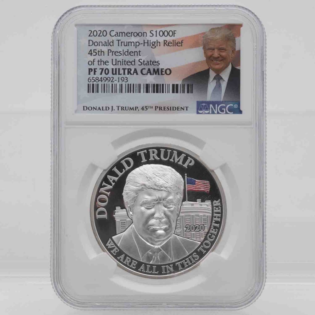2020 Cameroon Limited Edition High Relief Trump Silver Coin NGC PF70: Subject: Cameroon Limited Edition High Relief Trump Silver Coin NGC PF70 Medium: 999 Silver Year: 2020 Condition: NGC PF70, Serial number will be different, sample photo Note: Any condition statement 