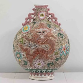 Antique Chinese Qianlong Period Famille Rose Porcelain Dragon Moon Vase