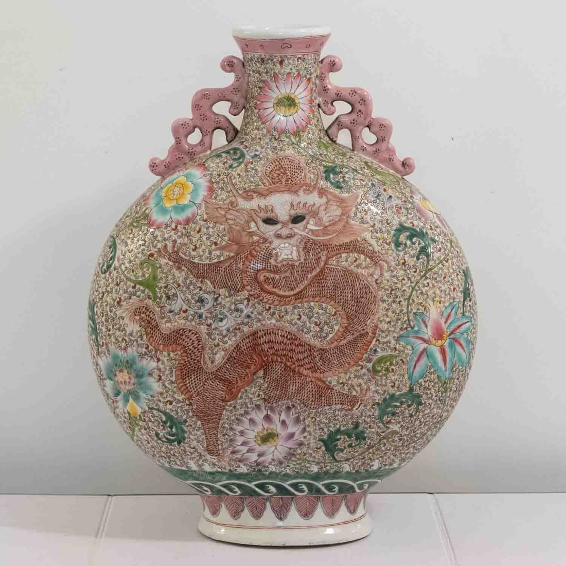 Antique Chinese Qianlong Period Famille Rose Porcelain Dragon Moon Vase: Medium: Famille Rose Porcelain Size: 17x13x6.5 inches Age/Detail: Antique Chinese Qianlong Period Condition: great overall, broken parts and mouth, check photo for condition reference. Provenance: Col