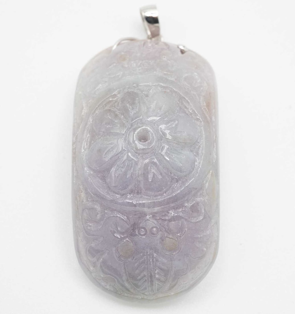 14k White Gold Latch Icy Lavender Jadeite Good Fortune Pendant Intricate Carving (1 of 4)
