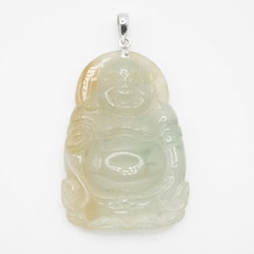 14K White Gold Latch Icy Green Jadeite Buddha Pendant
