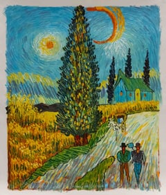 After Van Gogh Acrylic On Canvas "Road With Cypress And Star"