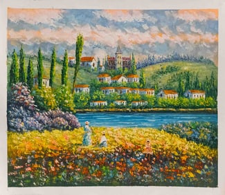 Impressionist Acrylic On Canvas "A Walk At Flower Field 2"