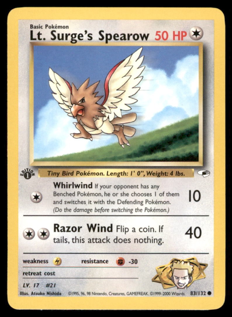 Lt. Surge's Spearow (83) Gym Heroes #083/132 1st. ED. Pokemon Card: We offer combined shipping on multiple items. Buyers may also arrange their own shipping. LiveShipping is a separate and independent option for shipping that is NOT a part of the auction house or thei
