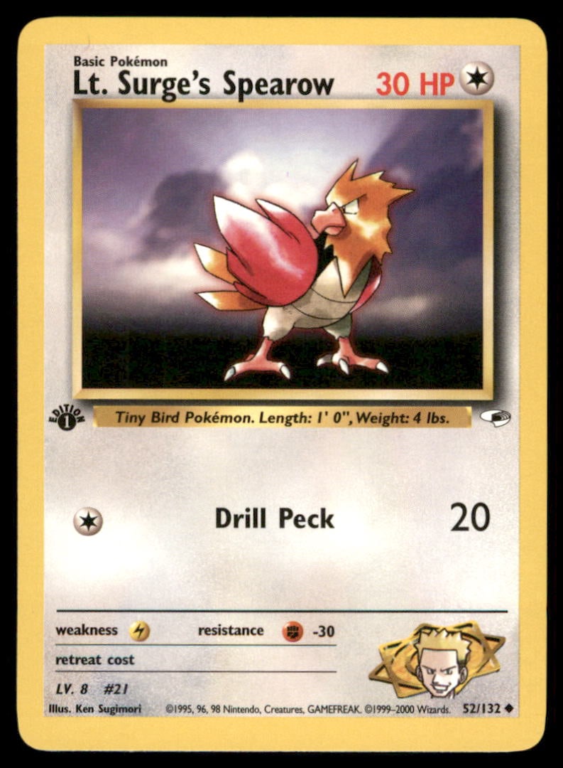 Lt. Surge's Spearow (52) Gym Heroes #052/132 1st. ED. Pokemon Card: We offer combined shipping on multiple items. Buyers may also arrange their own shipping. LiveShipping is a separate and independent option for shipping that is NOT a part of the auction house or thei