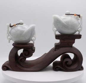 Chinese Carved Natural White Jadeite Decorative Teapots On Carved Wooden Stand