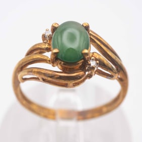 14K Gold Natural Glassy Green Jadeite Ring