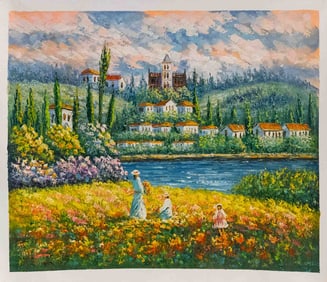 Impressionist Acrylic On Canvas "A Walk At Flower Field 1"