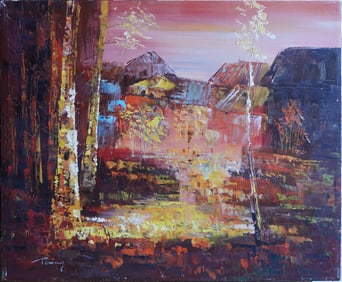 Crimson Horizon Oil on Canvas Painting