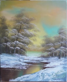 Winter Pond Oil on Canvas Painting