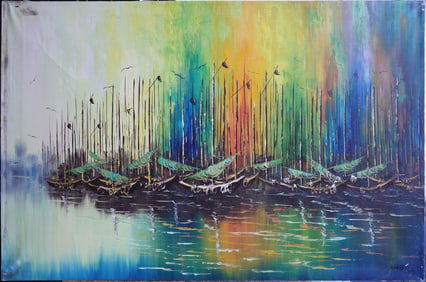 Ships at Dusk Oil on Canvas Painting