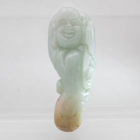 Old Chinese Carved Natural Green And Yellow Jadeite Buddha Figure