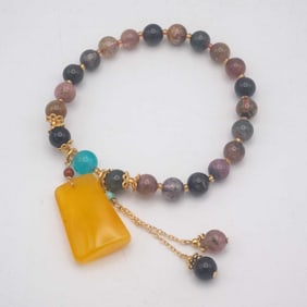 Chinese Tibetan Tourmaline, Amber, And Aquamarine Bracelet