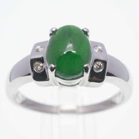 14K White Gold And Diamond Natural Cabochon Icy Jadeite Ring