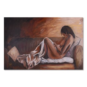 Vintage Modernist Oil On Canvas "Nude Girl On Sofa"