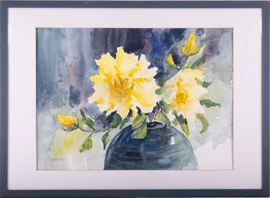 Vintage Impressionist Watercolor On Paper "Yellow Flowers"