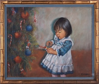 Early 20th C. Impressionist Pastel On Paper "Girl In Christmas"