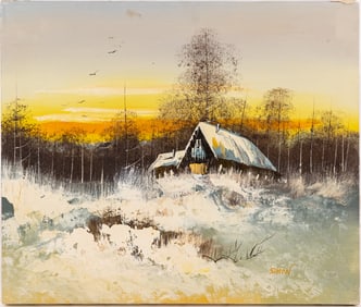 Vintage Scenic Oil On Canvas "House At Down"