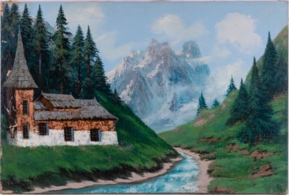 Vintage Scenic Oil On Canvas "European Mountain"