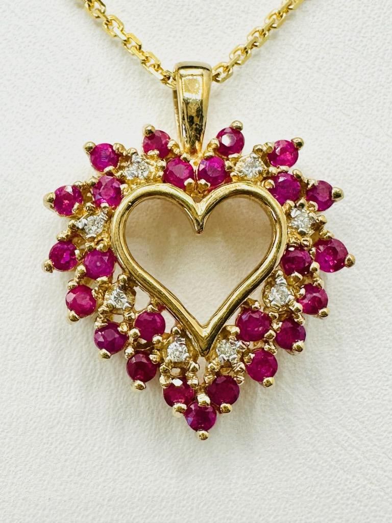 14KT Yellow Gold Natural Diamond and Ruby Heart Pendant and Chain # 2014 (1 of 3)