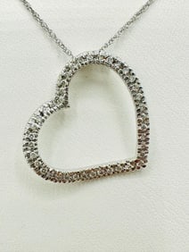 14KT White Gold Natural Diamond Opened Heart Pendant and Chain # 2036