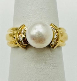 14KT Yellow Gold Natural Diamond Cultured Pearl Ring # 2066