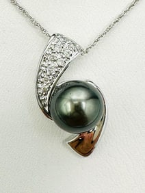 14KT White Gold Natural Diamond Cultured Tahitian Pearl Pendant and Chain # 2100