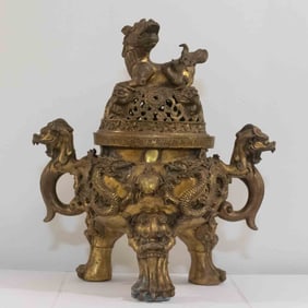 Large Old Chinese Brass Tri-Foot Incense Burner