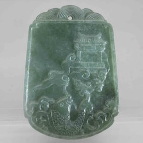 Chinese Carved Green Jadeite Koi Over Dragon Gate Pendant