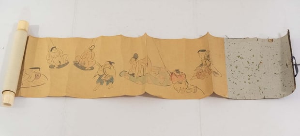 Antique Japanese Comical Erotic Ink On Paper Scroll Over 100 Inches Long