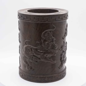 Old Chinese Carved Wood Tiger Brush Holder