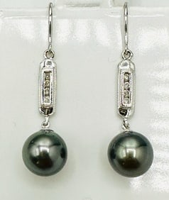 14KT White Gold Natural Diamond Cultured Tahitian Pearl Hanging Earrings # 2102