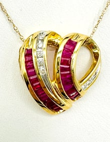 Natural Diamond and Ruby 14KT Yellow Gold Heart Pendant and Chain # 2257
