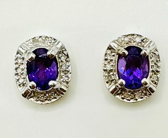 Natural Diamond and Amethyst Earrings,14KT White Gold # 2456