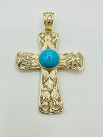 14KT Yellow Gold Turquoise Cross Pendant # 2469