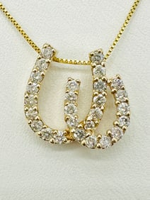 Natural Diamond 14KT Yellow Gold Double Horse Shoes Pendant and Chain # 2473