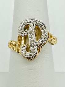 Natural Diamond Initial P Ring,14KT Yellow and White Gold # 2482